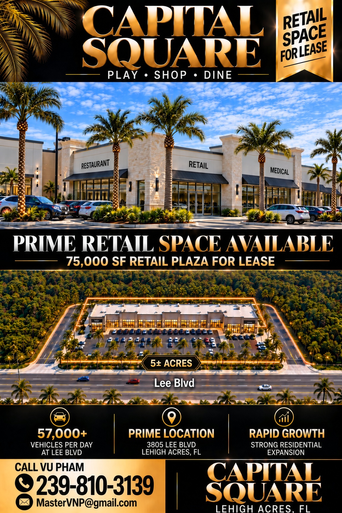 Conceptual Capital Square storefronts with stone façades and Florida palms
